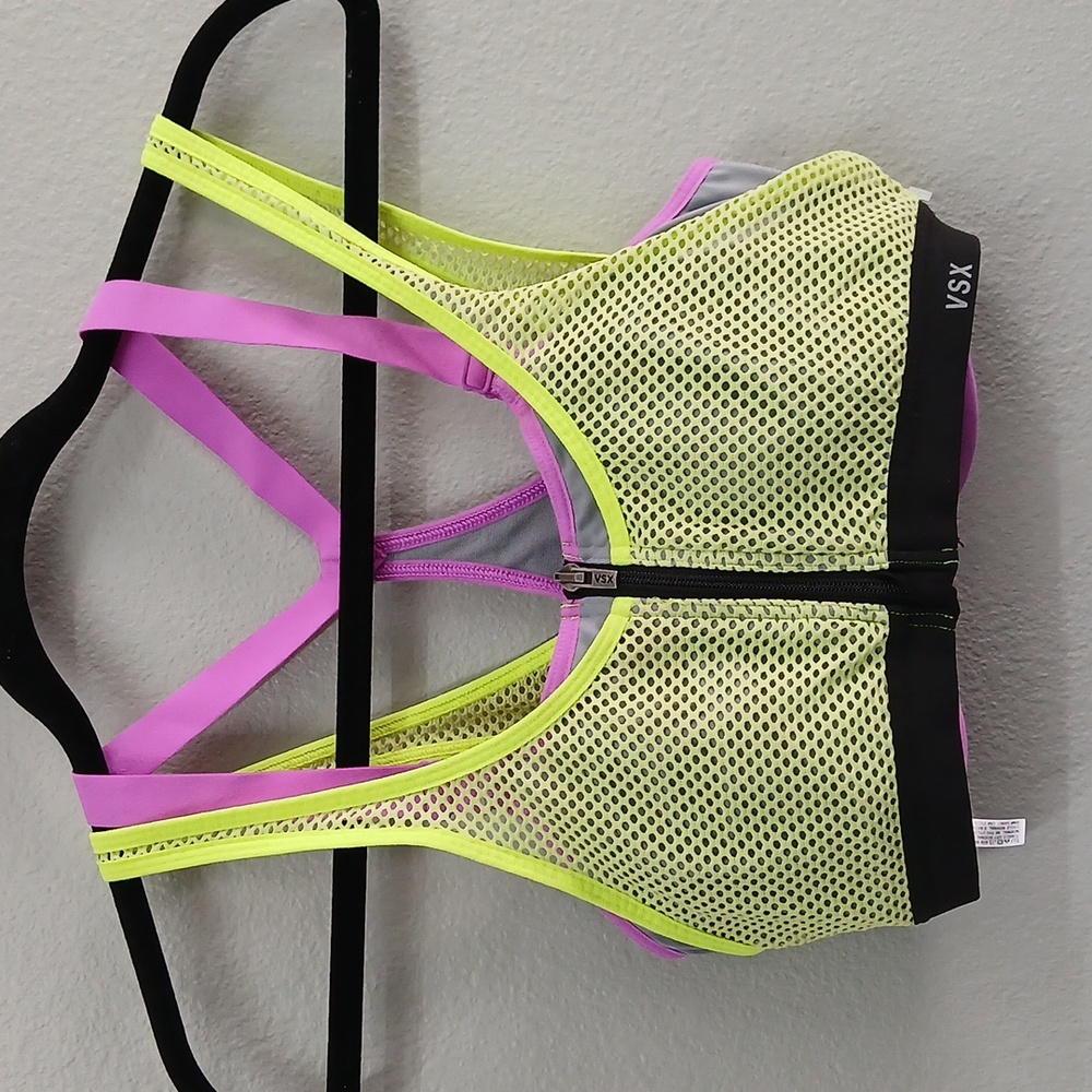Victoria’s Secret VSX Sports Bra Mesh High Support Neon Yellow Front Zip Sz32D